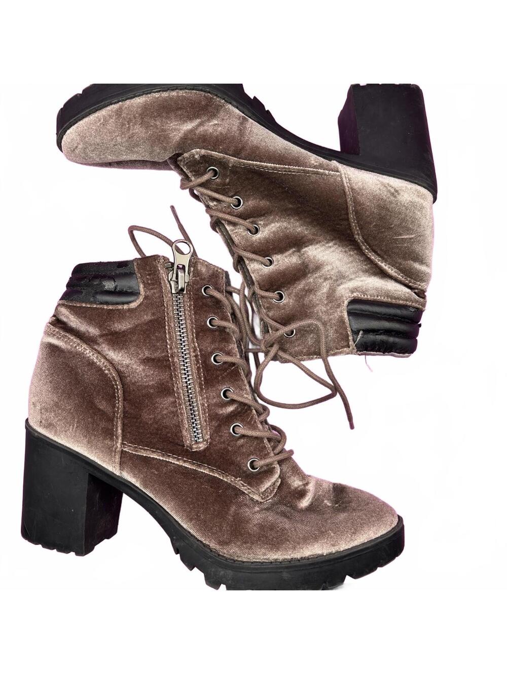 Velvet Lace-Up Chunky Heel Ankle Boots with Side Zipper